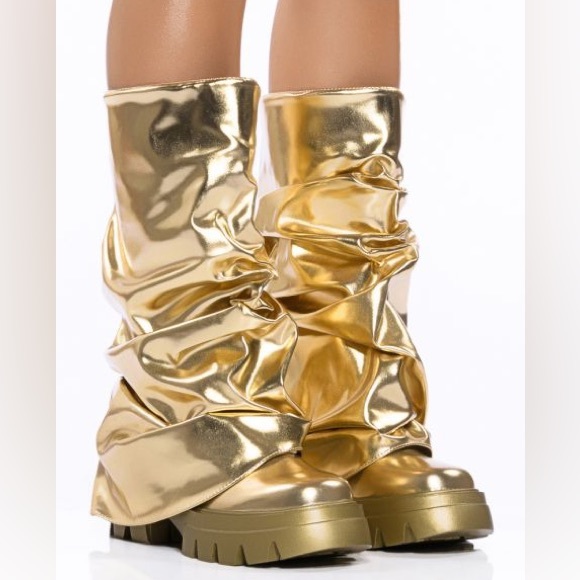 Azalea Wang Gold Metallic Vegan Leather Slouchy Knee High Boots - Picture 1 of 5